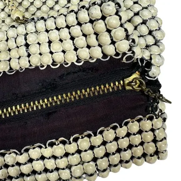 Vintage 40's Whiting & Davis Alumesh Handbag Purse Cream Beaded Evening Bag - Picture 9 of 13